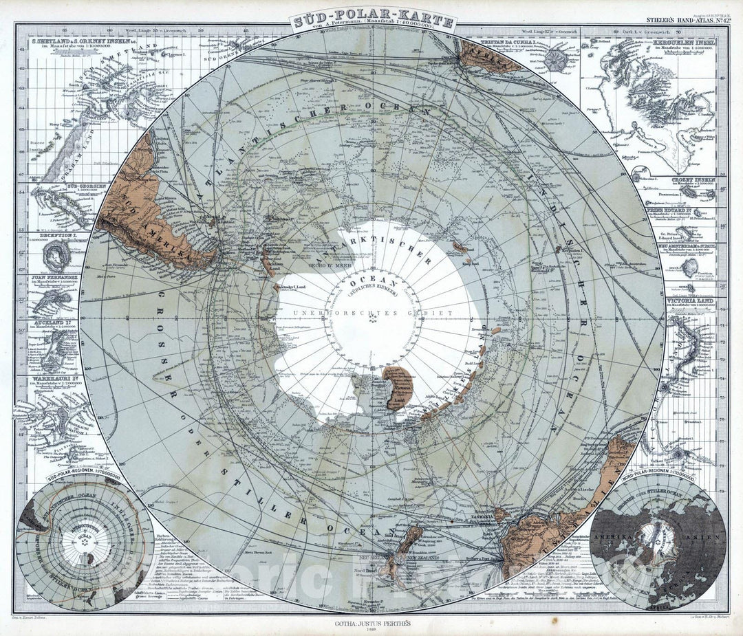 Historic Map : 1869 Sud-Polar-Karte. (Southern Hemisphere). - Vintage Wall Art