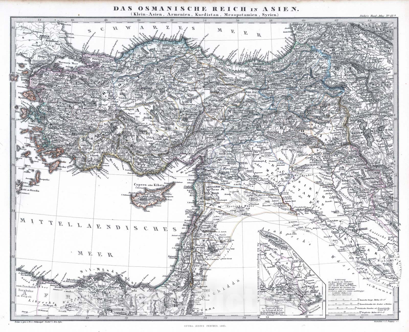 Historic Map : Israel; Turkey; Iraq; Syria, Middle East 1865 Das Osmanische Reich in Asien, (Ottoman Empire in Asia). , Vintage Wall Art