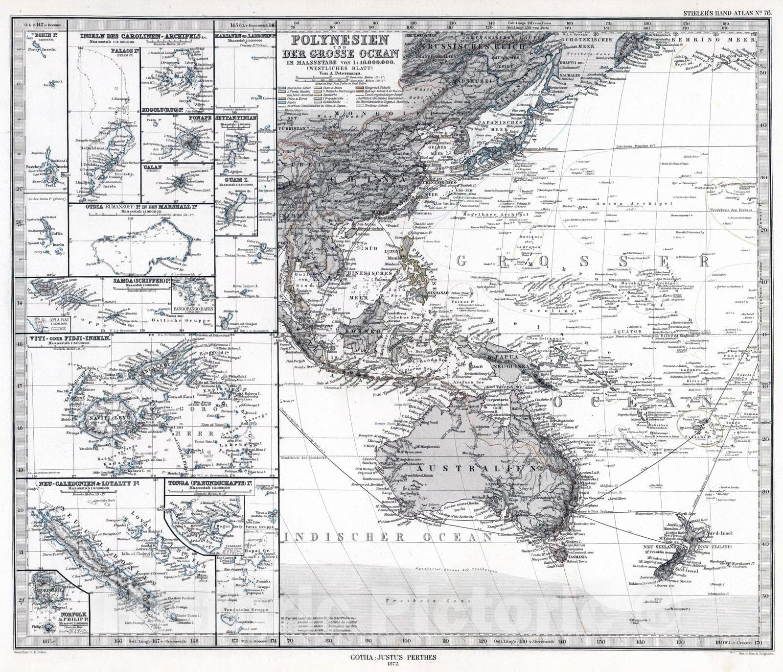 Historic Map : Polynesia, Pacific 1872 Polynesien und Der Grosse Ocean. (Western Polynesia and Pacific). , Vintage Wall Art