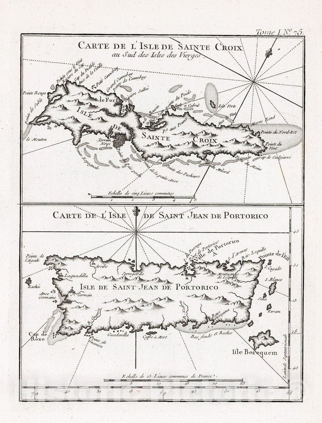 Historic Map : Puerto Rico; Saint Croix (U.S. Virgin Islands), , West Indies 1764 Carte de I'isle de Sainte Croix au sud des isles des Vierges, Vintage Wall Art