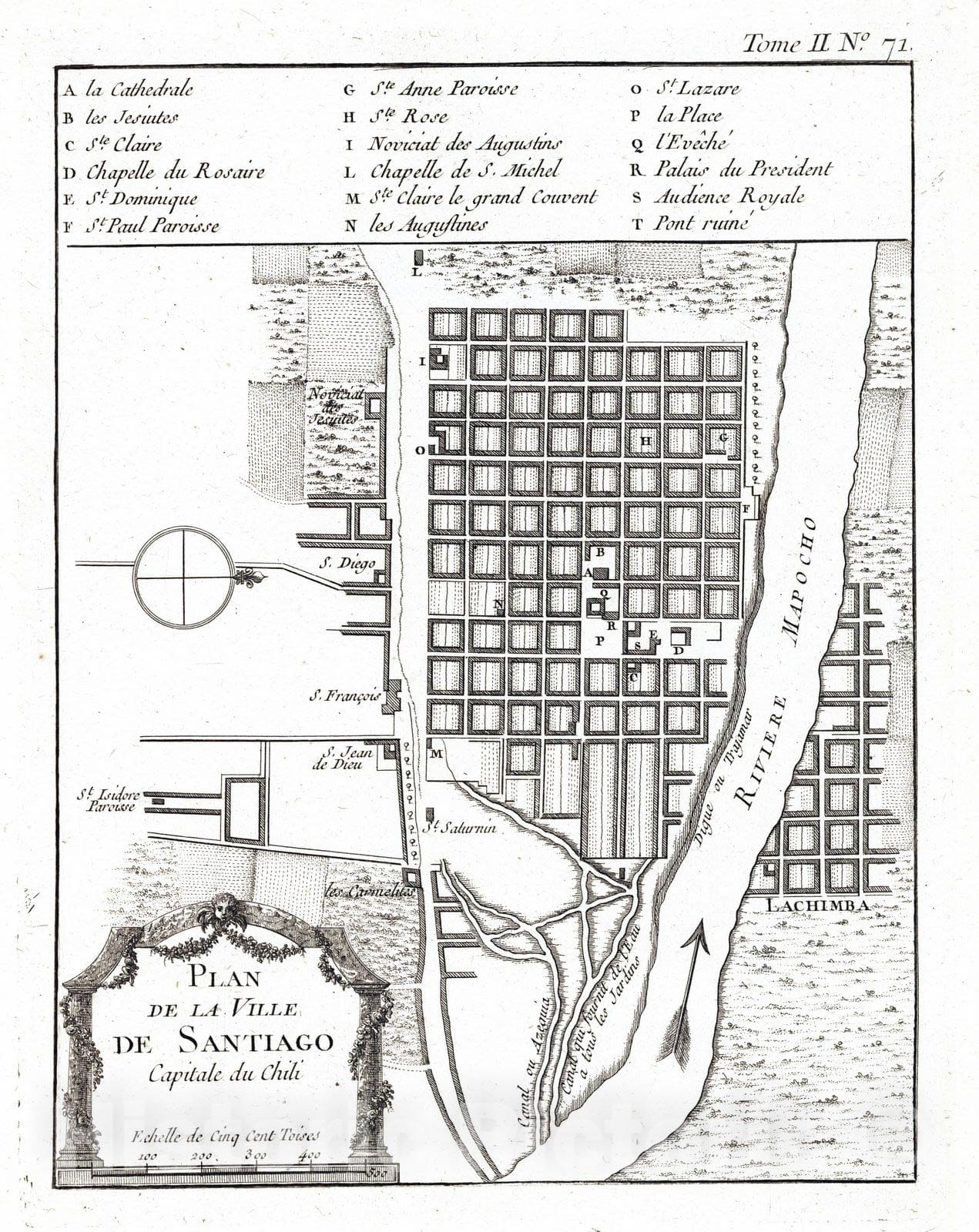 Historic Map : Chile , Santiago (Chile), 1764 Plan de la ville de Santiago, capitale du Chili. , Vintage Wall Art