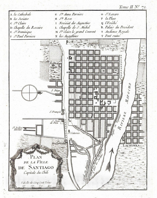 Historic Map : Chile , Santiago (Chile), 1764 Plan de la ville de Santiago, capitale du Chili. , Vintage Wall Art