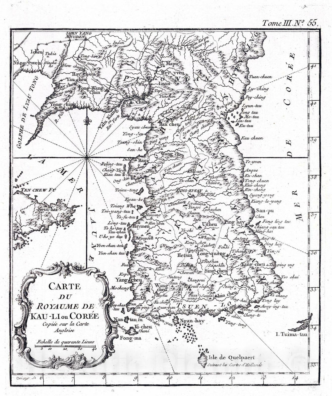 Historic Map : Korea, East Asia 1764 Carte du royaume de Kau-li ou Coree, copiee sur la carte Angloise , Vintage Wall Art