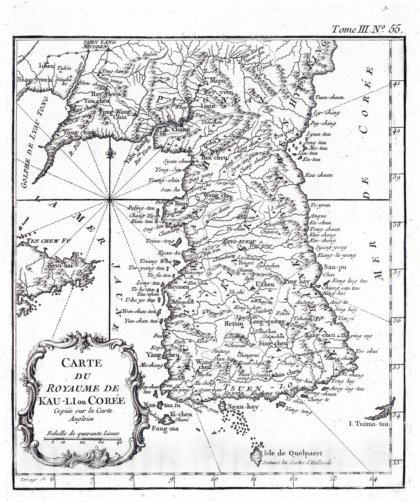 Historic Map : Korea, East Asia 1764 Carte du royaume de Kau-li ou Coree, copiee sur la carte Angloise , Vintage Wall Art