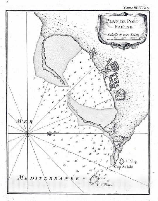 Historic Map : Tunisia, Mediterranean Sea, Africa 1764 Plan de port Farine , Vintage Wall Art