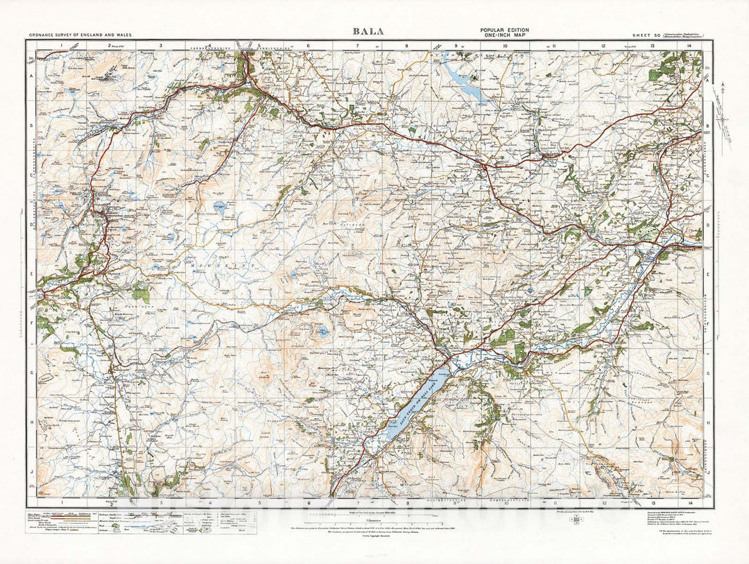 Historic Map : England, 1919 Sheet 50. Bala. , Vintage Wall Art