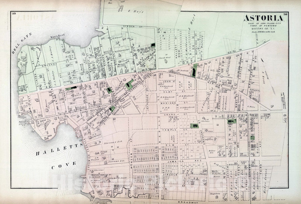 Historic Map - 1873 Astoria, Long Island City, in Newtown. Long Island, Atlas - Vintage Wall Art