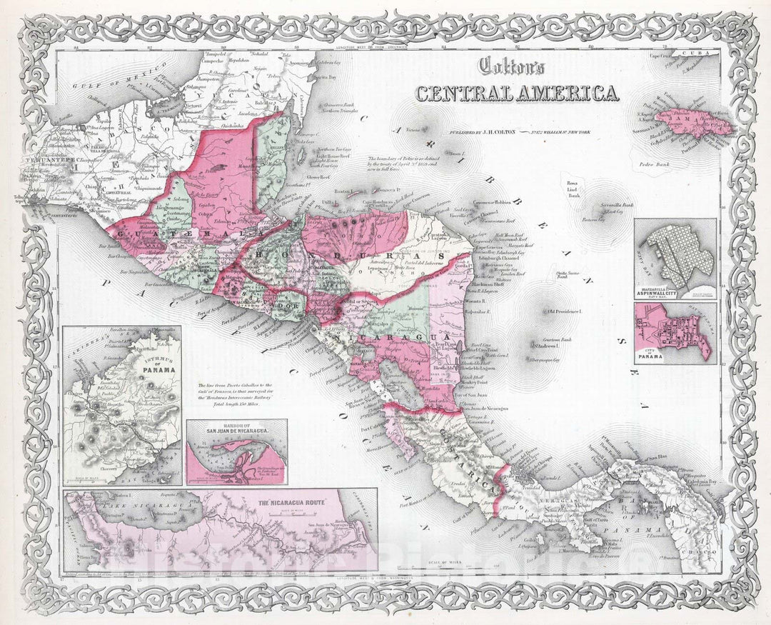 Historic Map : 1865 Central America. Guatemala, Honduras, Nicaragua, Costa Rica and Jamaica. - Vintage Wall Art