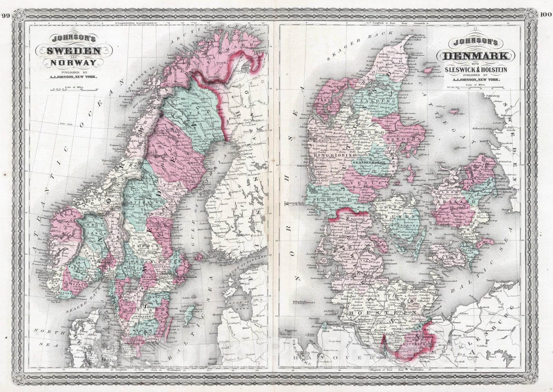 Historic Map : 1870 Sweden and Norway. Denmark with Sleswick and Holstein. - Vintage Wall Art