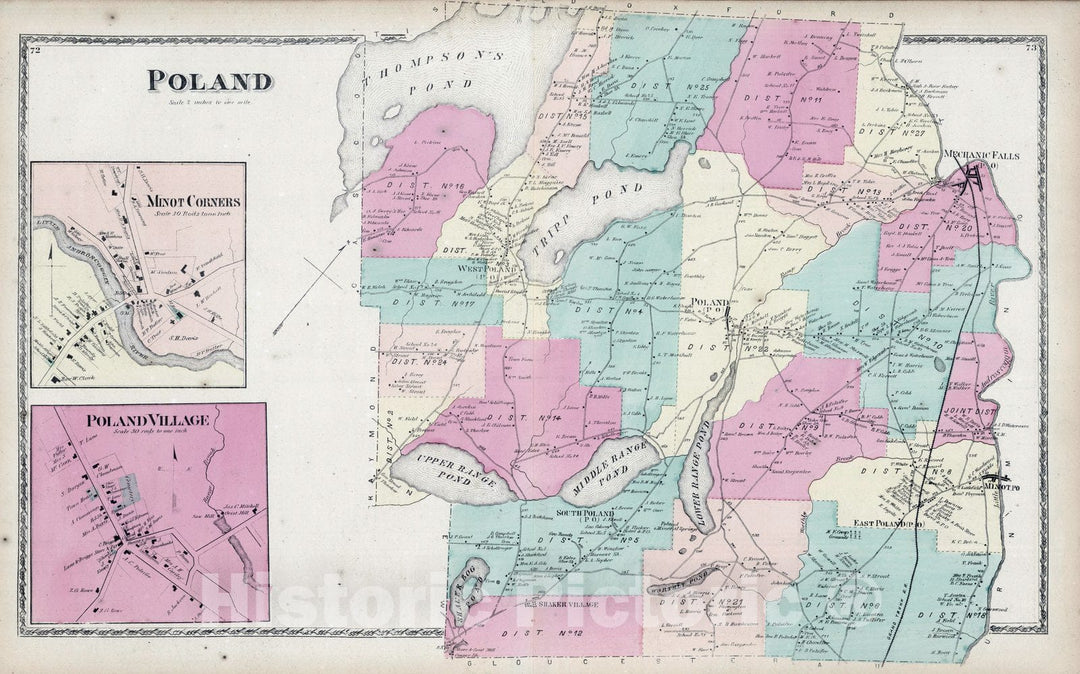 Historic Map : 1873 Poland, Androscoggin County, Maine. Poland Village. Minot Corners. - Vintage Wall Art