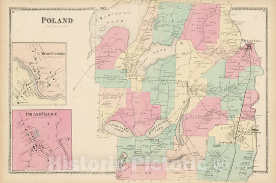 Historic Map : 1873 Poland, Androscoggin County, Maine. Poland Village. Minot Corners. - Vintage Wall Art