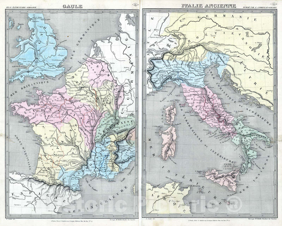 Historic Map : France; Italy, 1838 Gaule, Italie Ancienne. , Vintage Wall Art