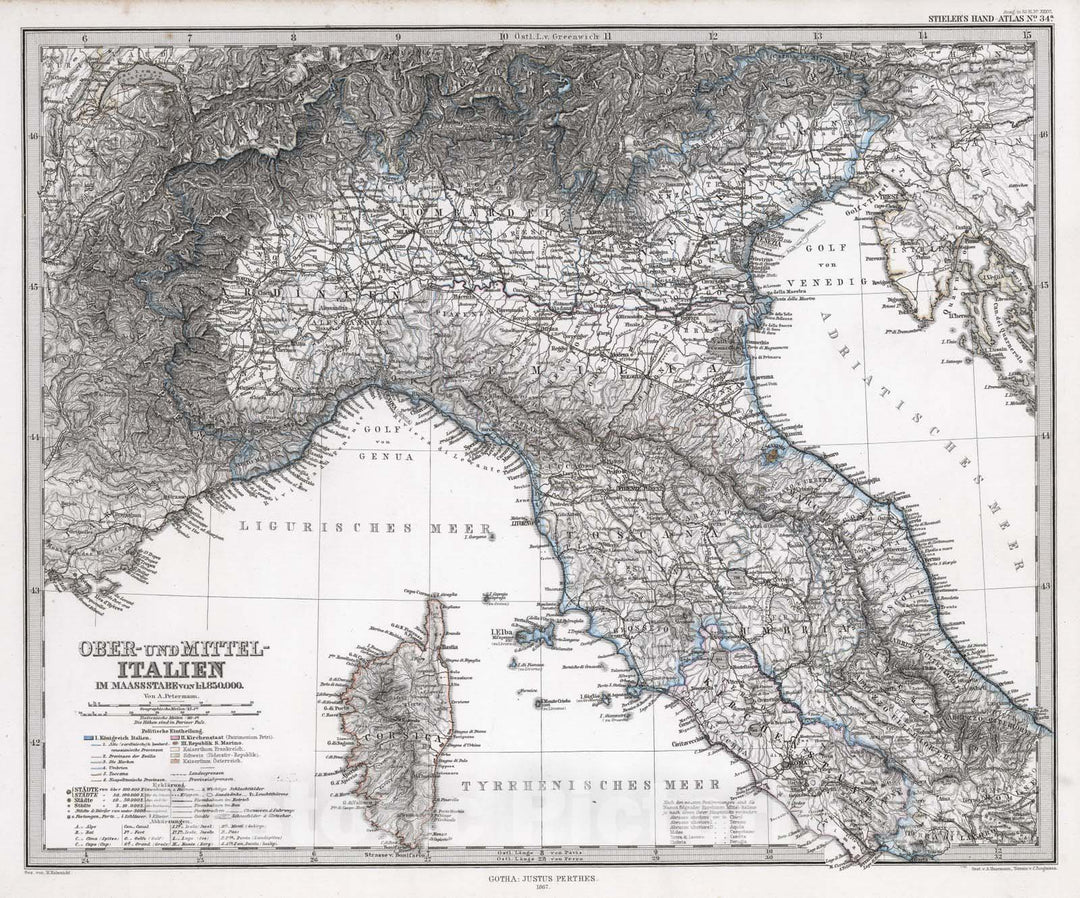 Historic Map : Italy, Corsica 1867 Ober-und Mittel-Italien. (Italy). , Vintage Wall Art