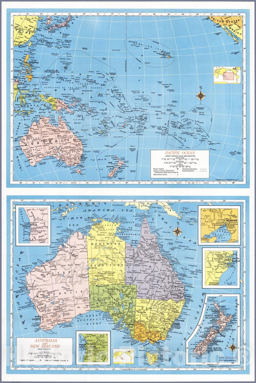 Historic Map : Case Map - 1957 Hammond's Australia and New Zealand. Hammond's Pacific Ocean. - Vintage Wall Art