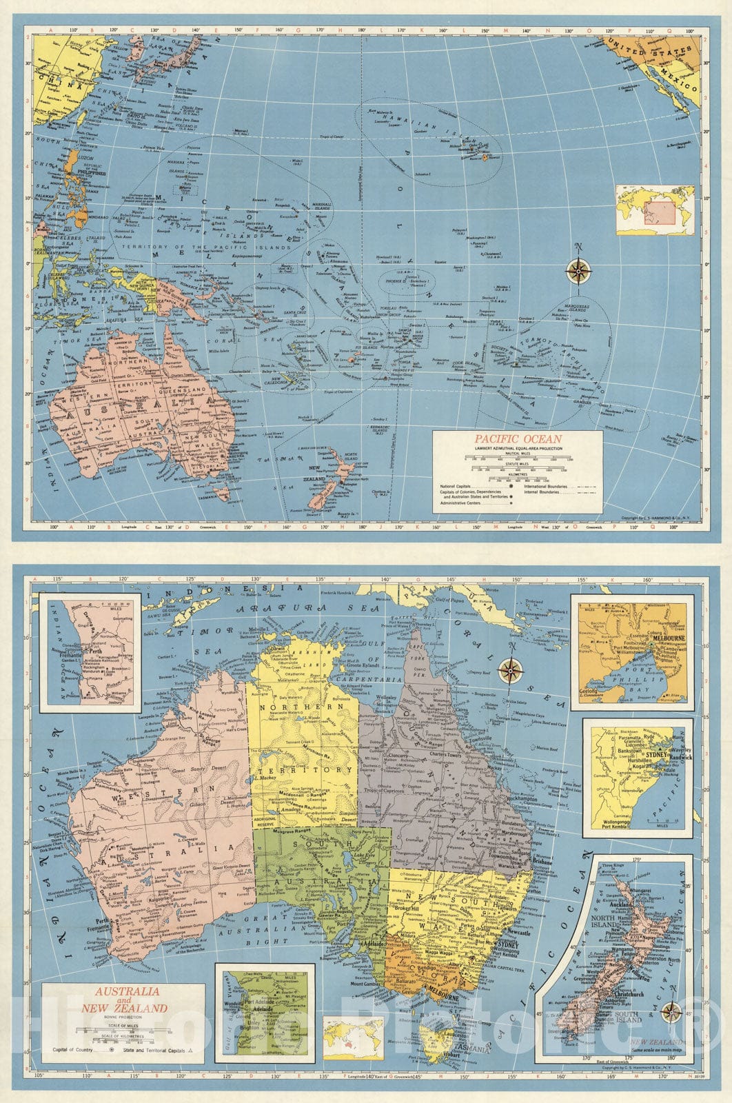 Historic Map : Case Map - 1957 Hammond's Australia and New Zealand. Hammond's Pacific Ocean. - Vintage Wall Art