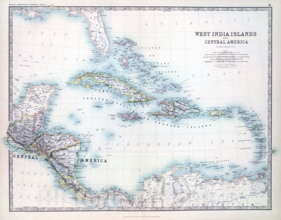 Historic Map : 1893 West India Islands and Central America. - Vintage Wall Art