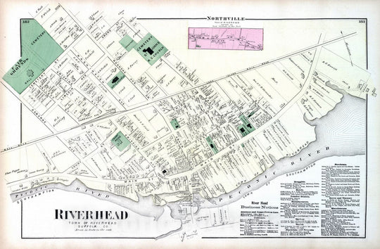 Historic Wall Map : 1873 Riverhead, Northville, in Riverhead. River Head Business Notices. Long Island. - Vintage Wall Art