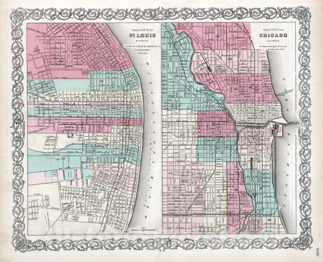 Historic Wall Map : 1869 St. Louis, Missouri. City of Chicago, Illinois. - Vintage Wall Art