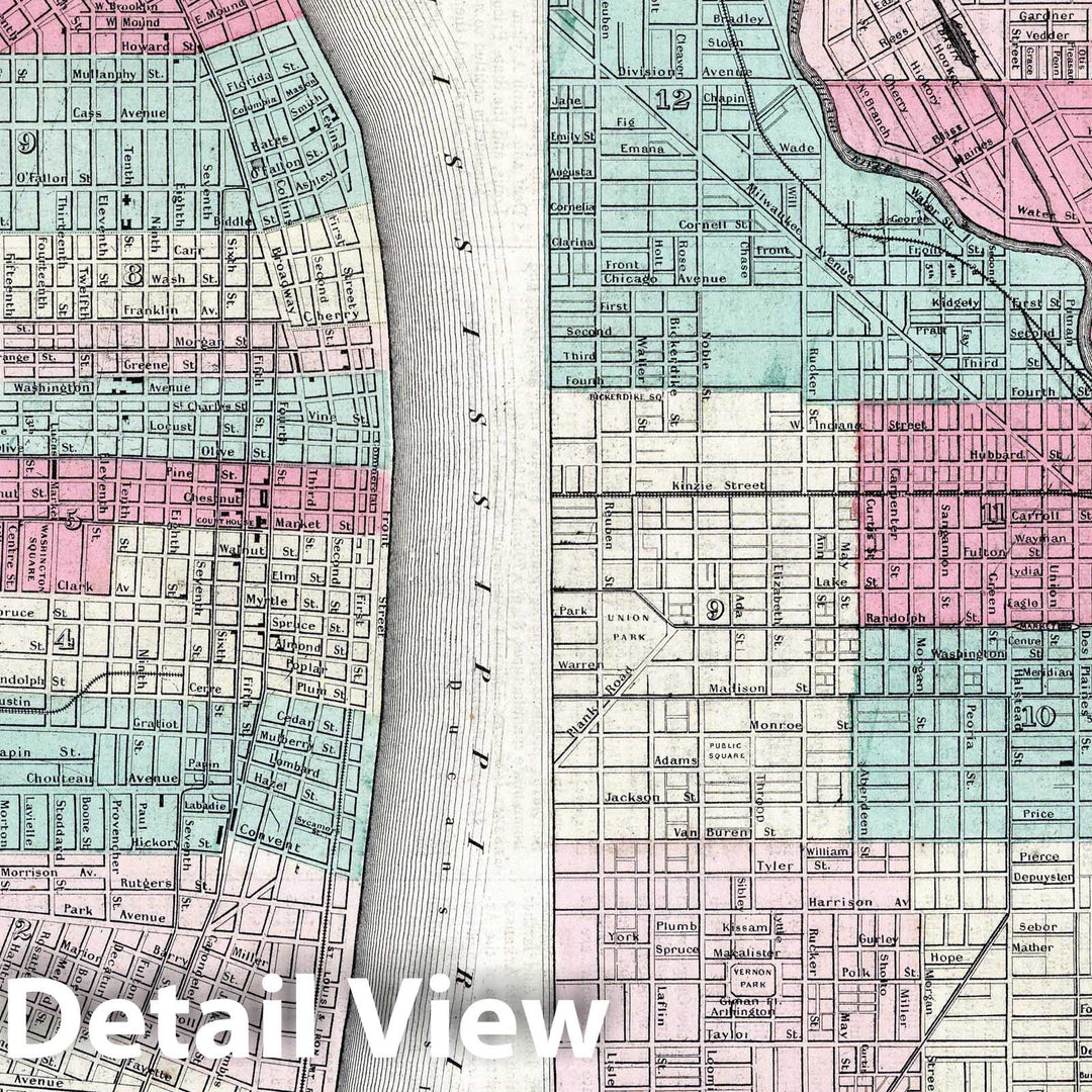 Historic Wall Map : 1869 St. Louis, Missouri. City of Chicago, Illinois. - Vintage Wall Art