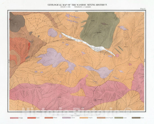 Historic Map : Geologic Atlas - 1870 Plate 2. Geological Map of the Washoe Mining District. - Vintage Wall Art