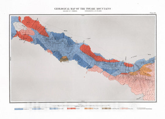 Historic Map : Geologic Atlas - 1870 Plate 13. Geological Map of the Toyabe (Toiyabe) Mountains. - Vintage Wall Art