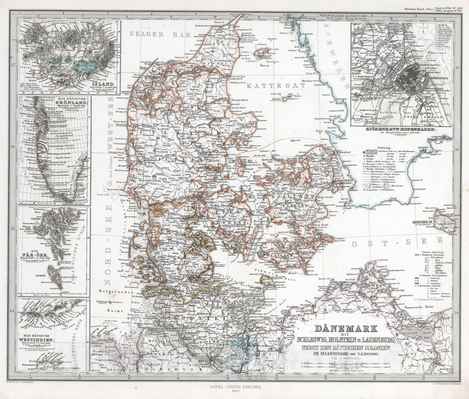 Historic Map : Denmark; Iceland, 1864 Danemark mit Schleswig, Holstein, und Laeenburg. (Sweden, Norway, Denmark, Faroe Island, Greenland). , Vintage Wall Art