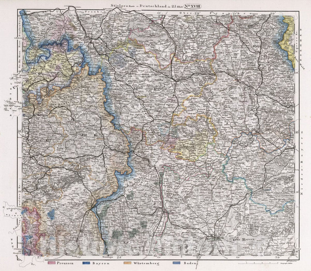 Historic Map : Germany, 1867 No. XVIII. Deutschland, Niederlande, Belgien, Schweiz. (Germany, Netherlands, Belgium, Switzerland). , Vintage Wall Art