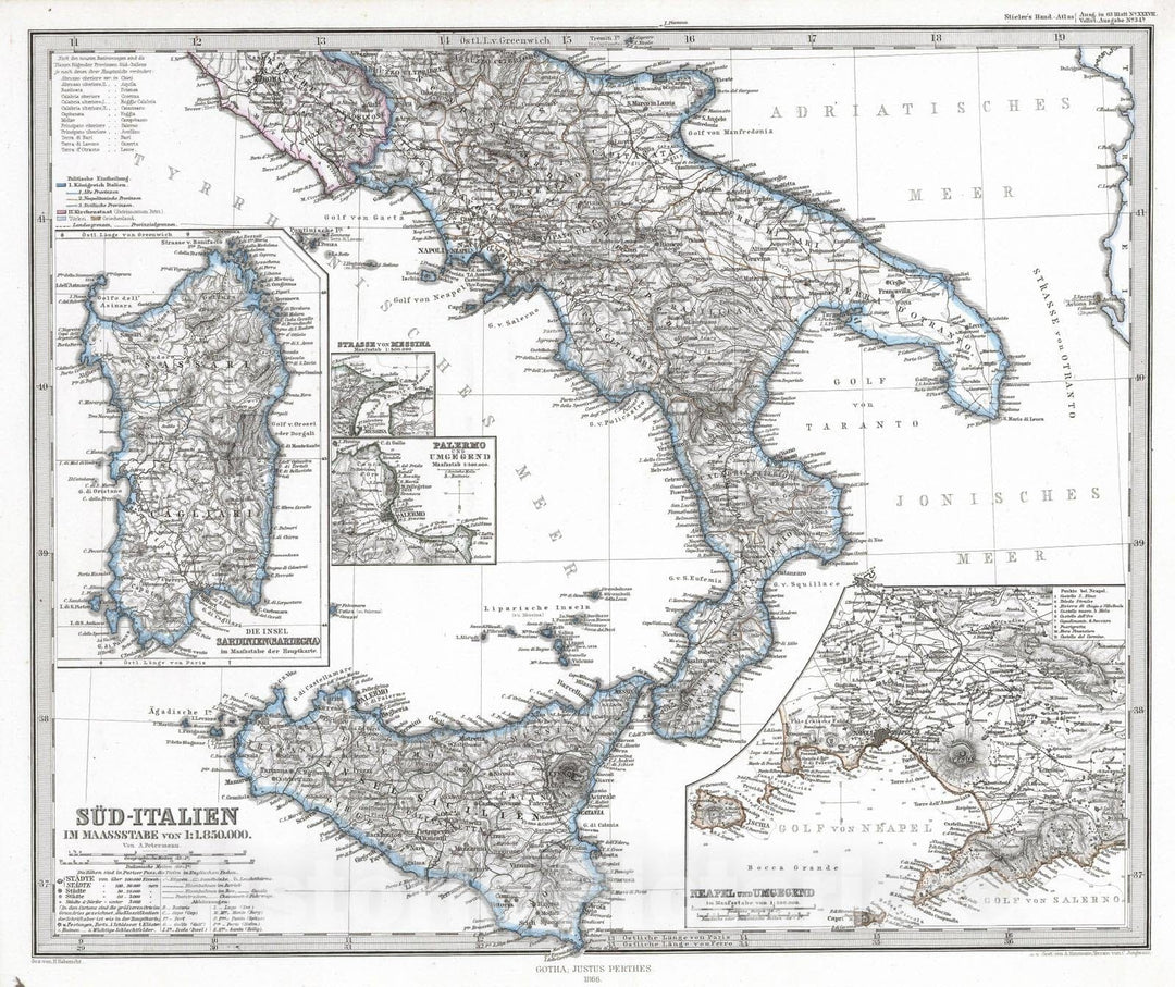 Historic Map : Italy , Naples (Italy), Sardinia 1866 Sud-Italien. (Italy). , Vintage Wall Art