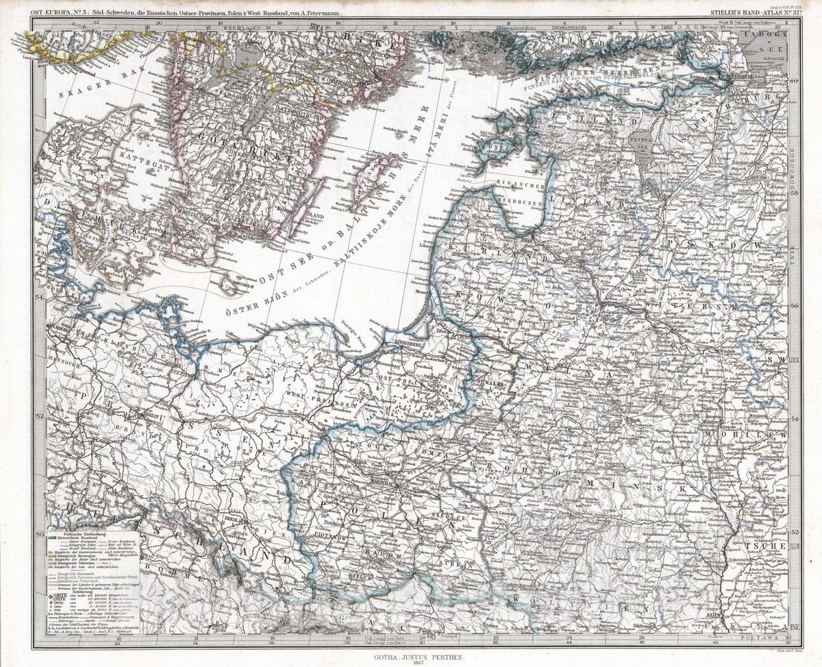 Historic Map : Poland; Latvia; Estonia; Belarus, , Europe 1867 Ost-Europa. (Eastern Europe). , Vintage Wall Art