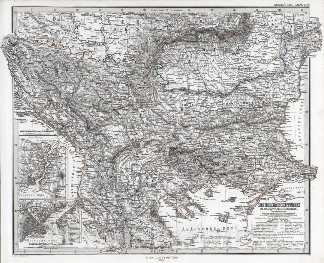 Historic Map : Albania; Macedonia; Bulgaria; Greece, 1869 Die Europaeische Turkei. (Turkey in Europe). , Vintage Wall Art