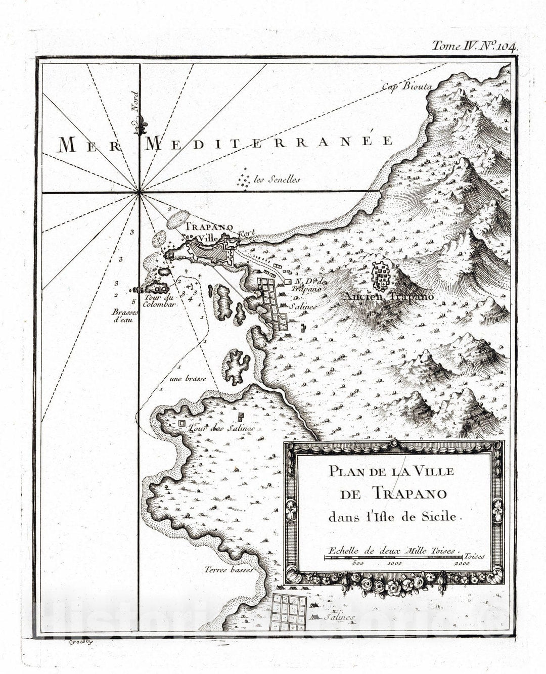 Historic Map : Italy , Trapano (Sicily, Italy), Sicily (Italy) 1764 Plan de la ville de Trapano dans I'isle de Sicile. Croisey, sc[ulp.] , Vintage Wall Art