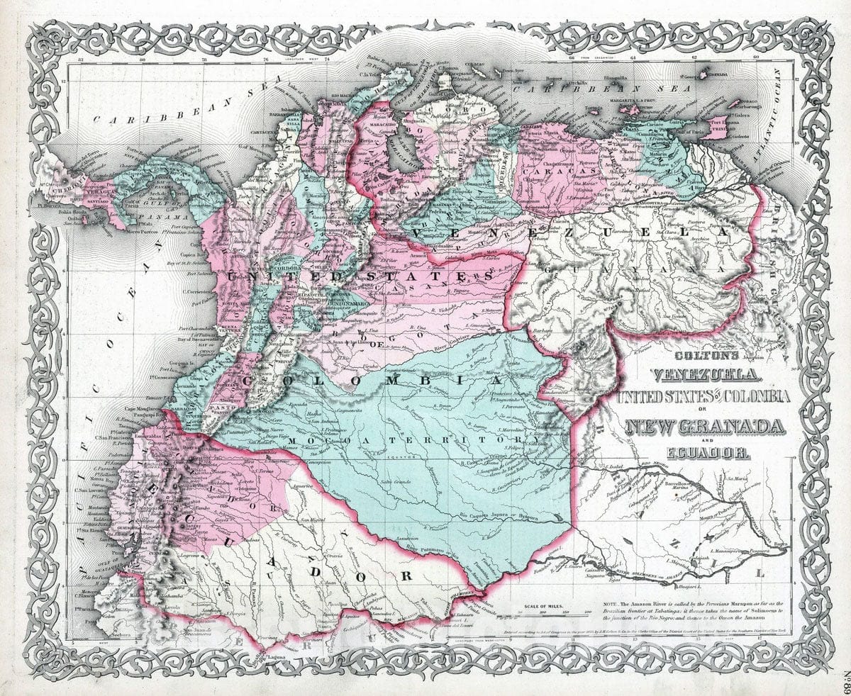 Historic Wall Map : 1869 Venezuela, Colombia and Ecuador. - Vintage Wall Art