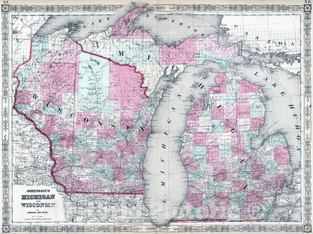 Historic Map : 1864 Wisconsin And Michigan v1 - Vintage Wall Art