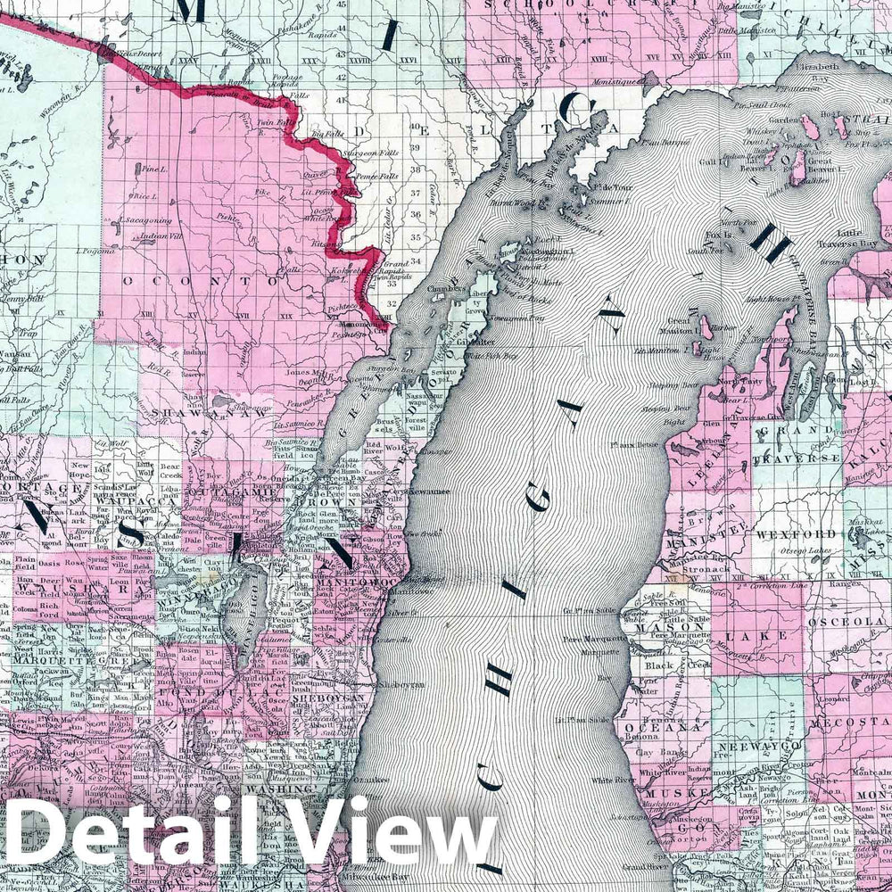 Historic Map : 1864 Wisconsin And Michigan v1 - Vintage Wall Art