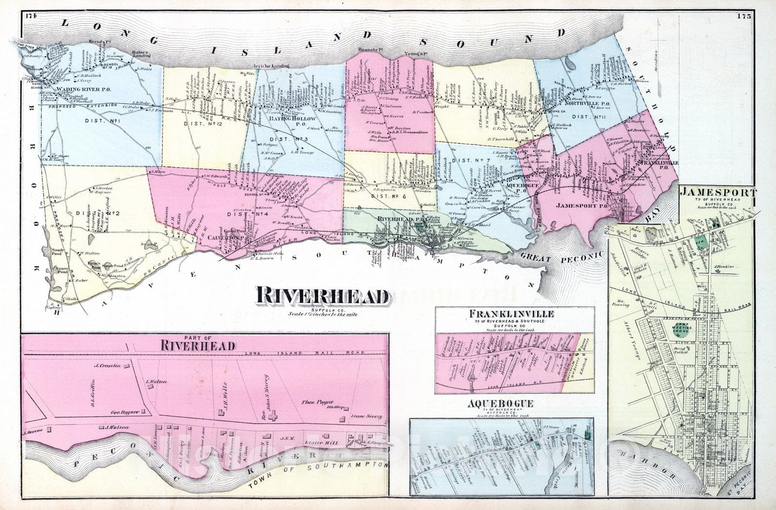 Historic Map : 1873 Riverhead, Franklinville, Riverhead, Southold, Aquebogue,Jamesport, in Riverhead. Long Island. - Vintage Wall Art