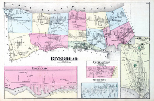 Historic Map : 1873 Riverhead, Franklinville, Riverhead, Southold, Aquebogue,Jamesport, in Riverhead. Long Island. - Vintage Wall Art