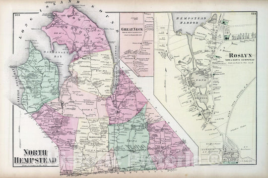 Historic Map : 1873 North Hempstead, Great Neck, Roslyn, in North Hempstead. Long Island. - Vintage Wall Art