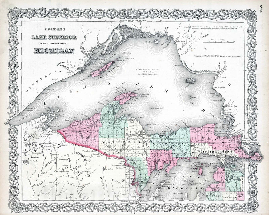 Historic Map : 1869 Northern Michigan and Lake Superior. - Vintage Wall Art