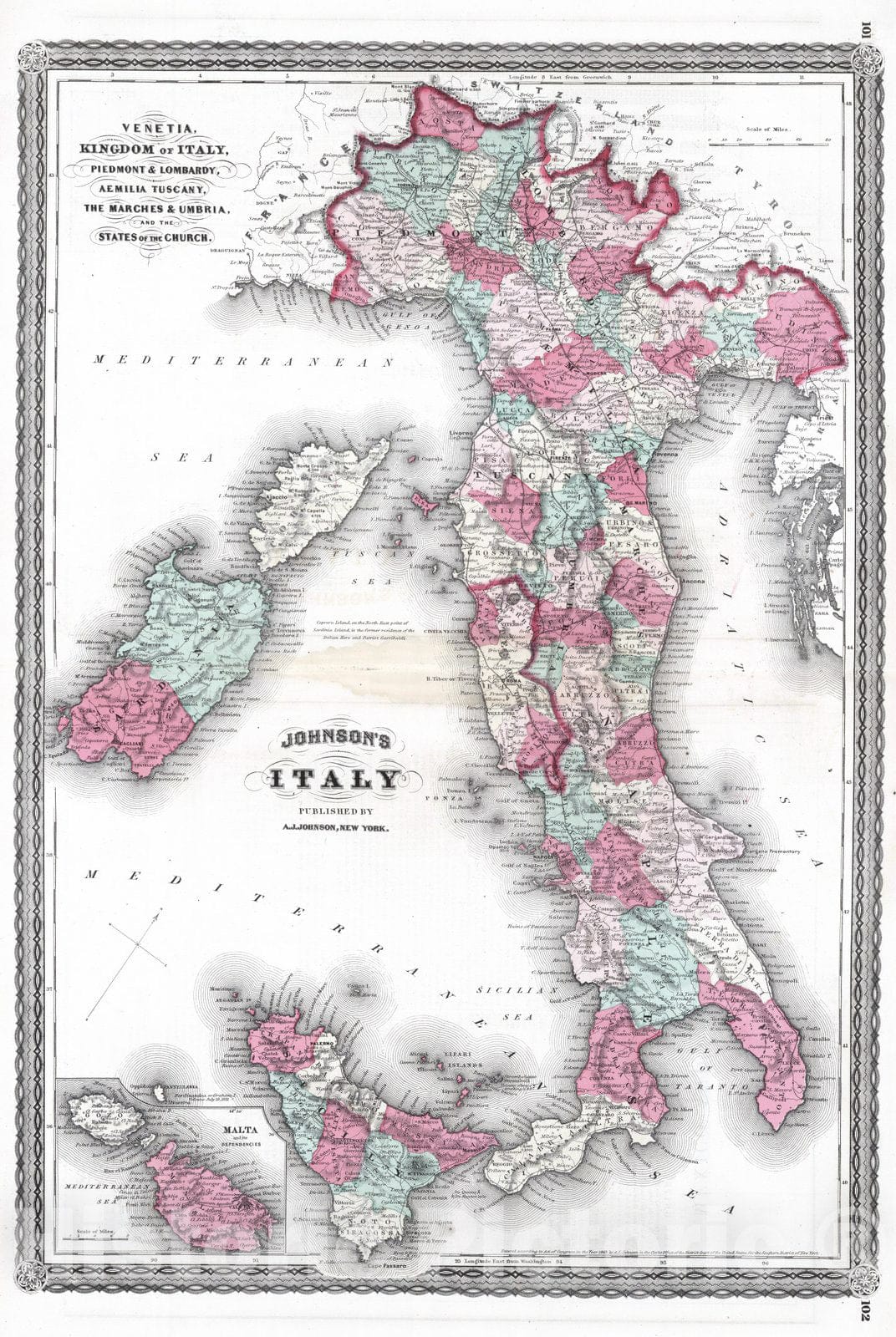 Historic Map : 1870 Italy : Vintage Wall Art