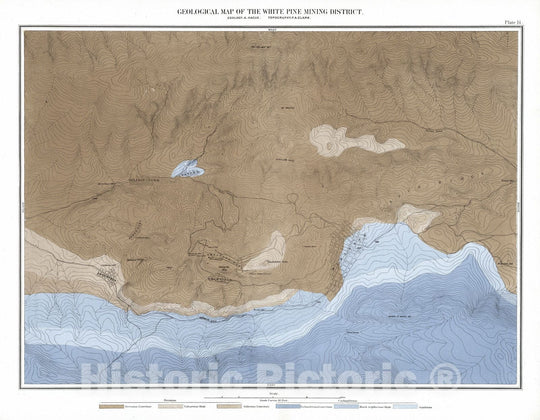 Historic Map : Geologic Atlas - 1870 Plate 14. Geological Map of the White Pine Mining District. Geology: A. Hague. Topography: F.A. Clark. - Vintage Wall Art