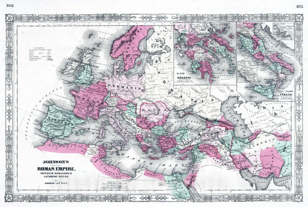 Historic Map : Mediterranean Sea, Europe 1865 Roman Empire. , Vintage Wall Art