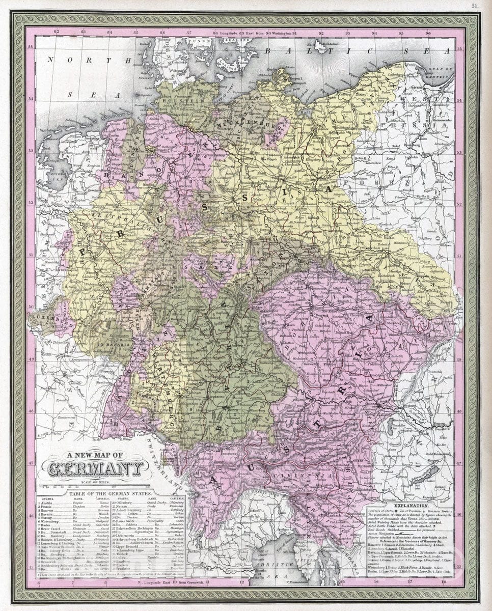 Historic Map : 1849 New Map of Germany - Vintage Wall Art