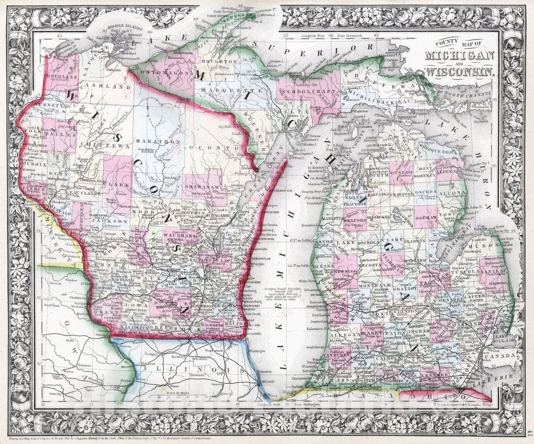 Historic Map : 1865 County map of Michigan and Wisconsin - Vintage Wall Art