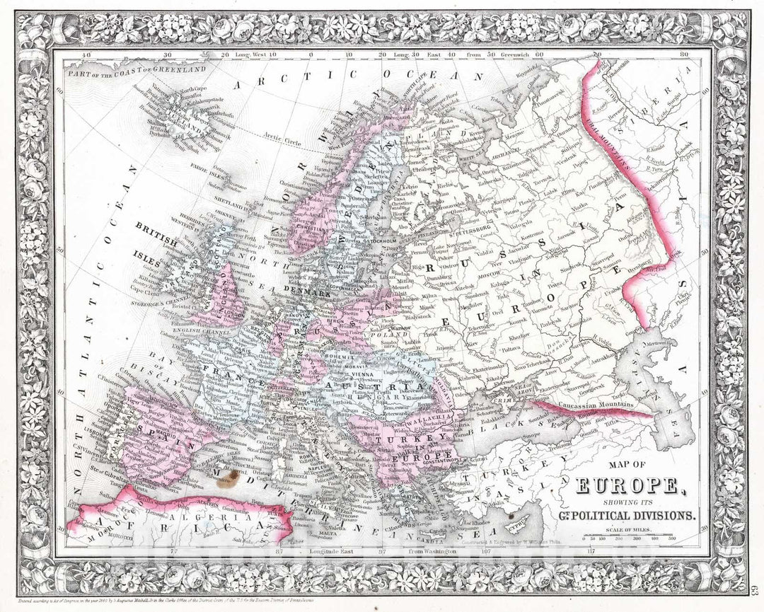 Historic Map : 1865 Map of Europe, Showing its Gt. Political Divisions - Vintage Wall Art