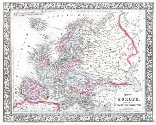 Historic Map : 1865 Map of Europe, Showing its Gt. Political Divisions - Vintage Wall Art