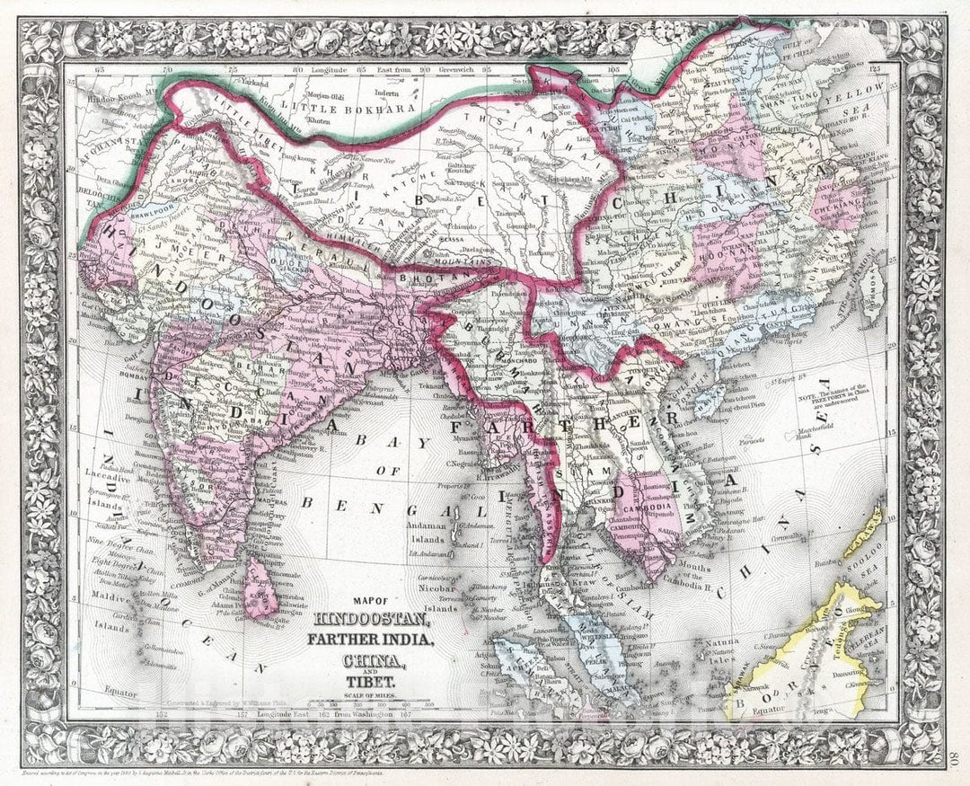 Historic Map : 1865 Map of Hindoostan, Farther India, China, and Tibet - Vintage Wall Art