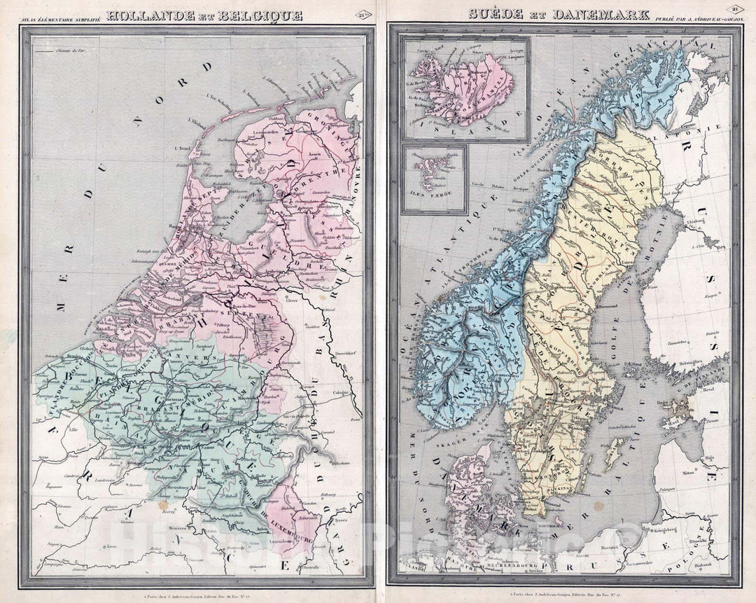 Historic Map : Belgium; Netherlands; Norway; Sweden, 1838 Hollande et Belgique, Suede et Danemark. , Vintage Wall Art