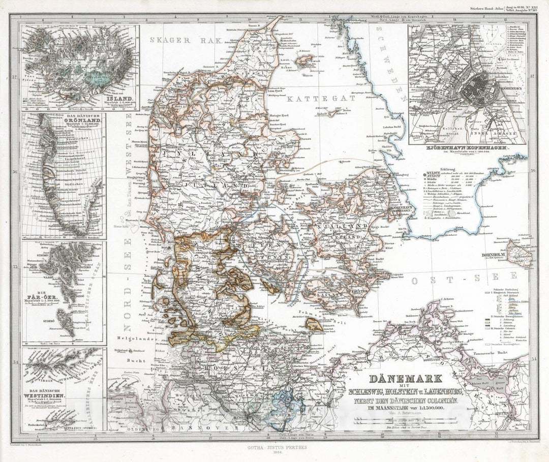 Historic Map : Denmark; Iceland, 1864 Danemark mit Schleswig, Holstein, und Laeenburg. (Sweden, Norway, Denmark, Faroe Island, Greenland). v2 , Vintage Wall Art