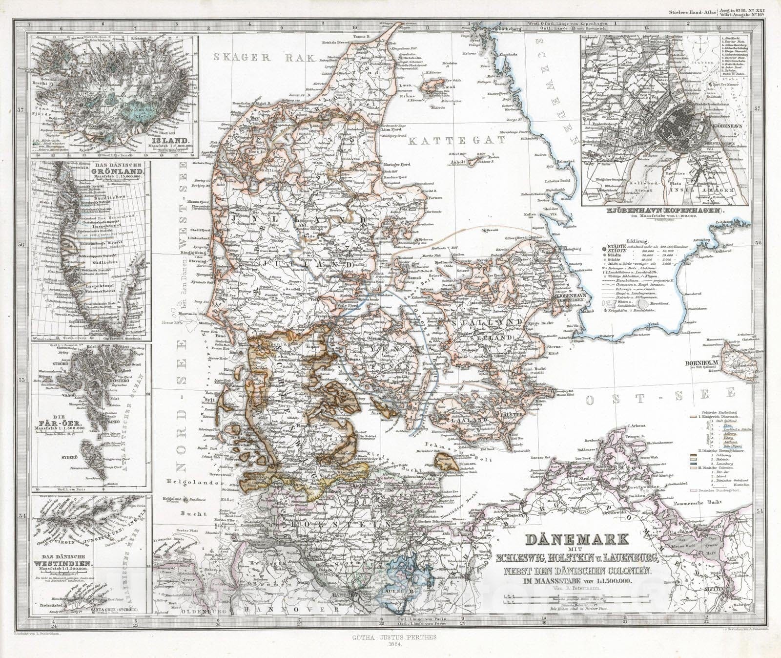 Historic Map : Denmark; Iceland, 1864 Danemark mit Schleswig, Holstein, und Laeenburg. (Sweden, Norway, Denmark, Faroe Island, Greenland). v2 , Vintage Wall Art