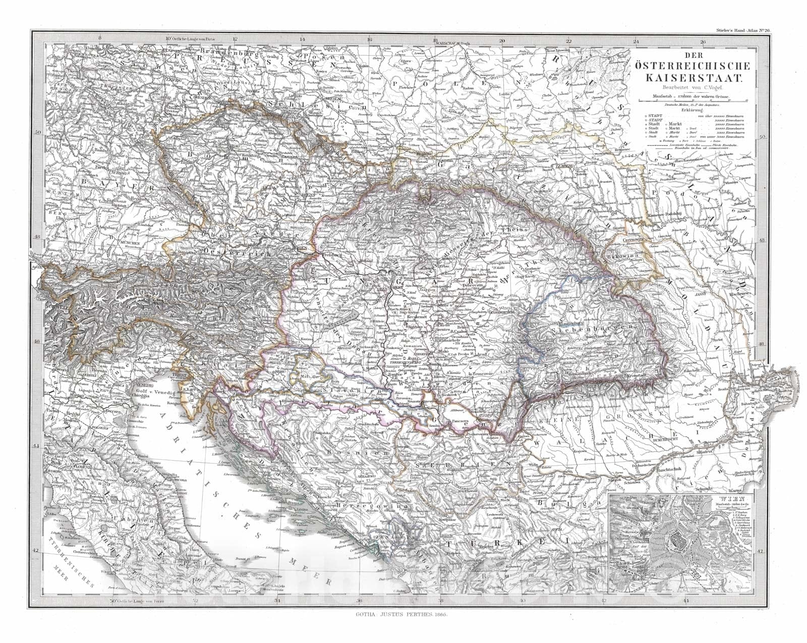 Historic Map : Austria; Hungary; Slovenia; Coatia, 1866 Der Oesterreichische Kaiserstaat. (Austrian Empire). , Vintage Wall Art